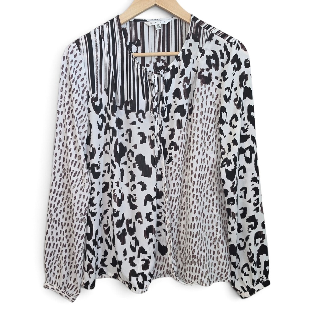 Cabi Womens Medium Blouse Top Animal Dot Mixed Print Tie Neck Style 590 Sheer